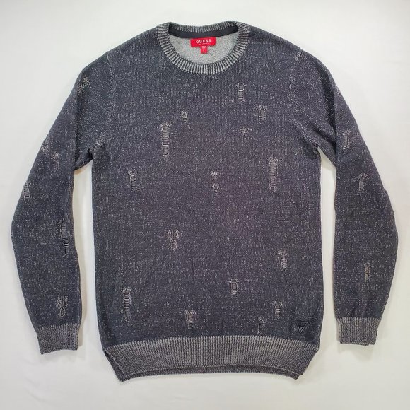 Guess Sweater Men Large Black Tight Knit Slim Oversized Tattered Look Split Hem - Picture 1 of 16